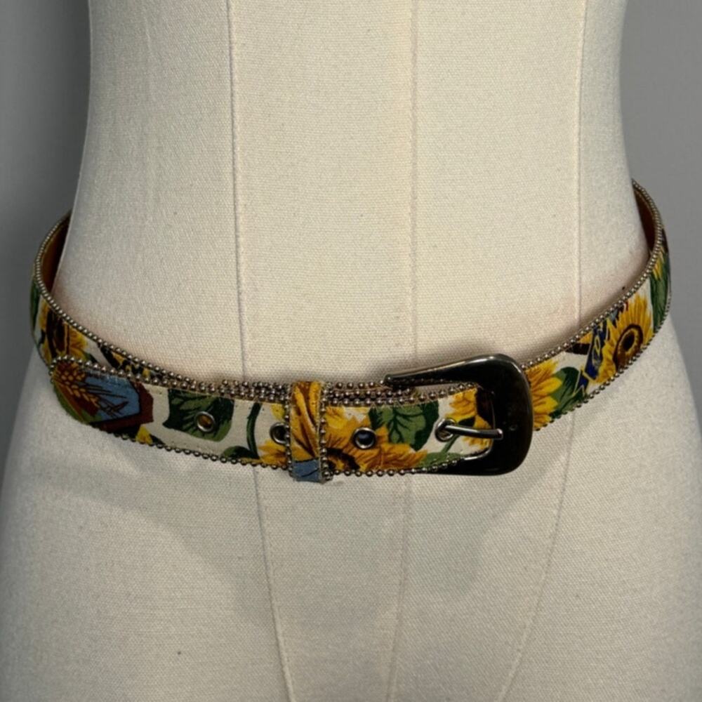 Motion East Vintage Sunflower Fabric & Leather Belt Beaded Details Size M/L